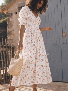 Doen Ischia Dress in Poppy Field White Pink Floral Midi Size Small NWT